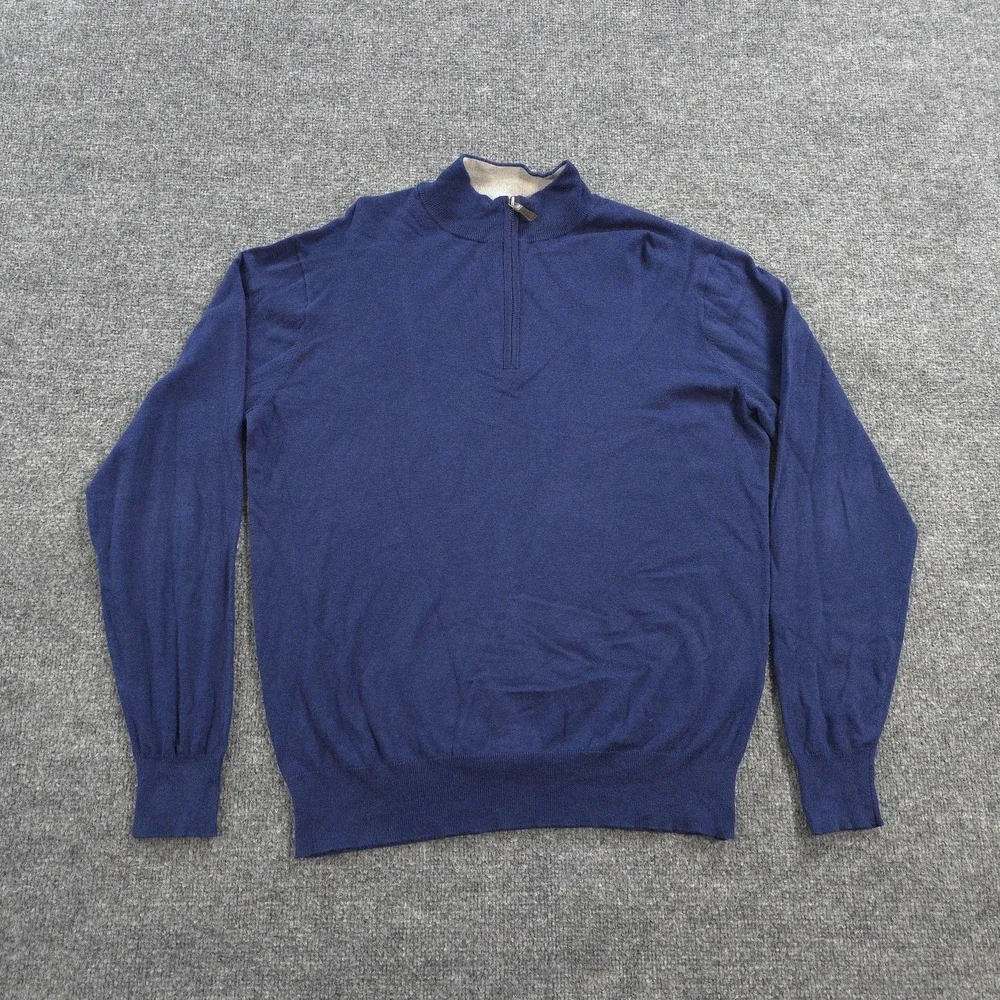 Peter Millar Sweater Mens L Blue Pima Silk Cashmere 1/4 Zip Mock Neck Pullover